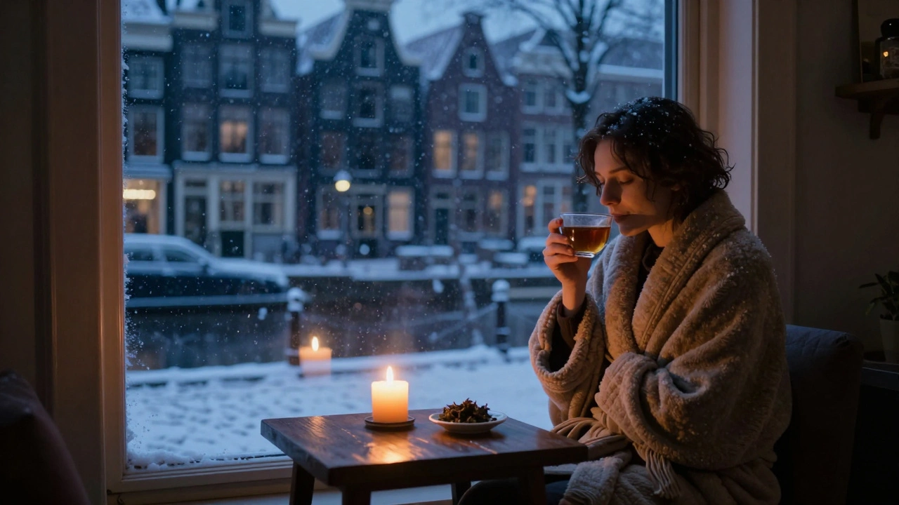 Een persoon zit in een badjas na een sessie, kijkend naar de sneeuwvallende straat buiten, met een kaars als enige lichtbron.