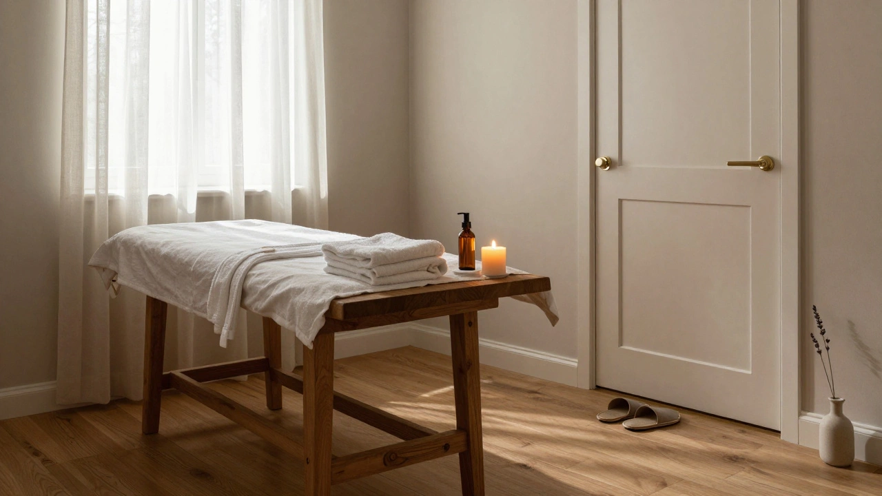 Een rustige, minimalistische massage-ruimte in Amsterdam met houten vloer, kaarslicht en een gesloten deur.