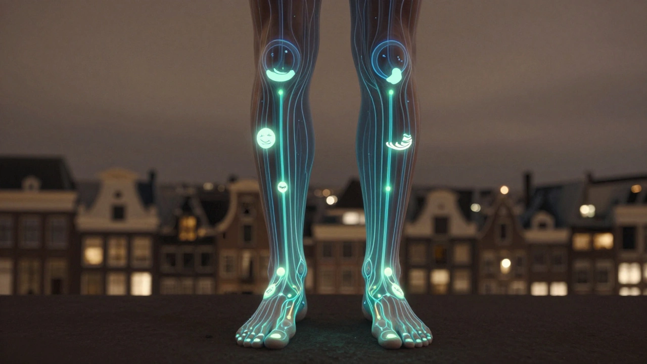 Een silhouet met lichtende zenuwbanen vanuit de voeten naar het lichaam, symboliserend reflexologie en holistische gezondheid.