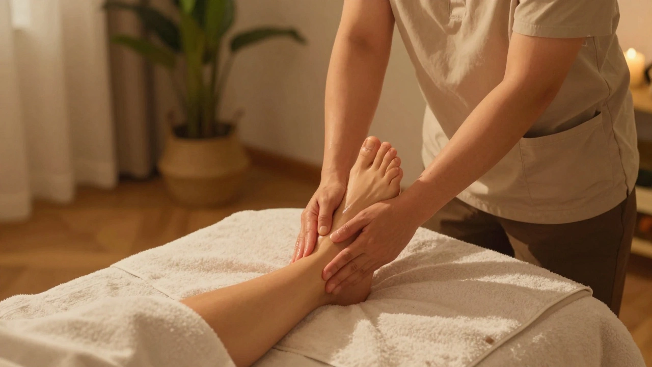 Een therapeut geeft een voetmassage in een rustige, warme woonkamer met houten vloer en een kaars, cliënt lijkt volledig ontspannen.