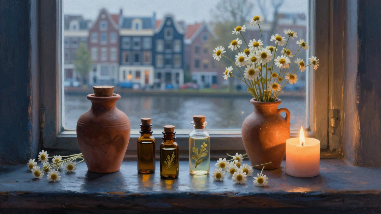 Essentiële oliën op raamboven Amsterdamse binnenplaats