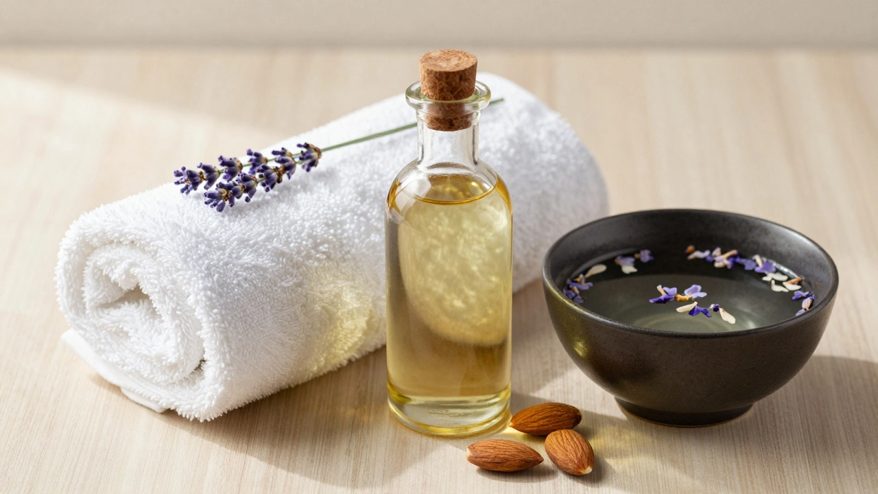Flesje amandelolie naast een handdoek en een kom water voor ontspanning.