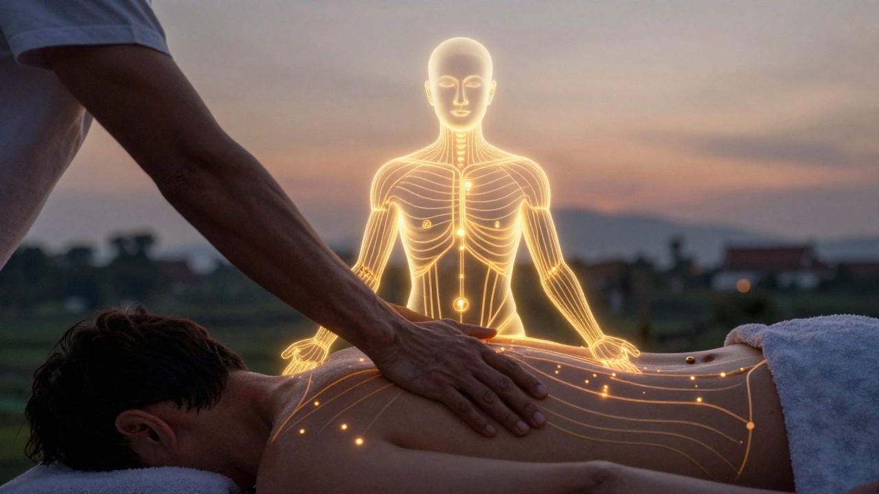 Glowende energielijnen in het lichaam tijdens thaise massage, met drukpunten van de masseur.