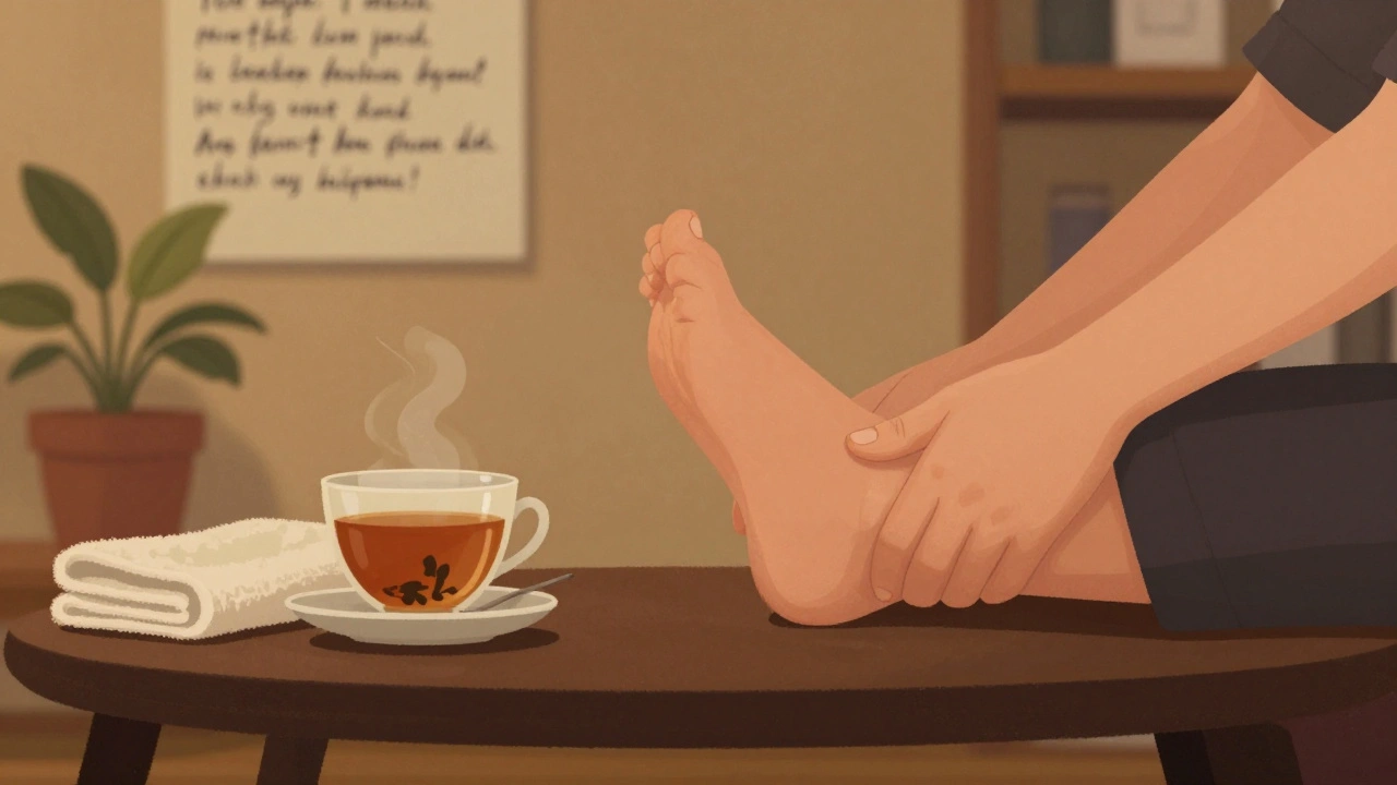 Hand masseert een voet in een eenvoudige, warme studio met een kopje thee en een handdoek.