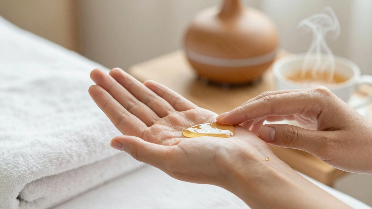 Handen die massageolie verwarmen en testen op de pols, in een gezellige spa-omgeving.