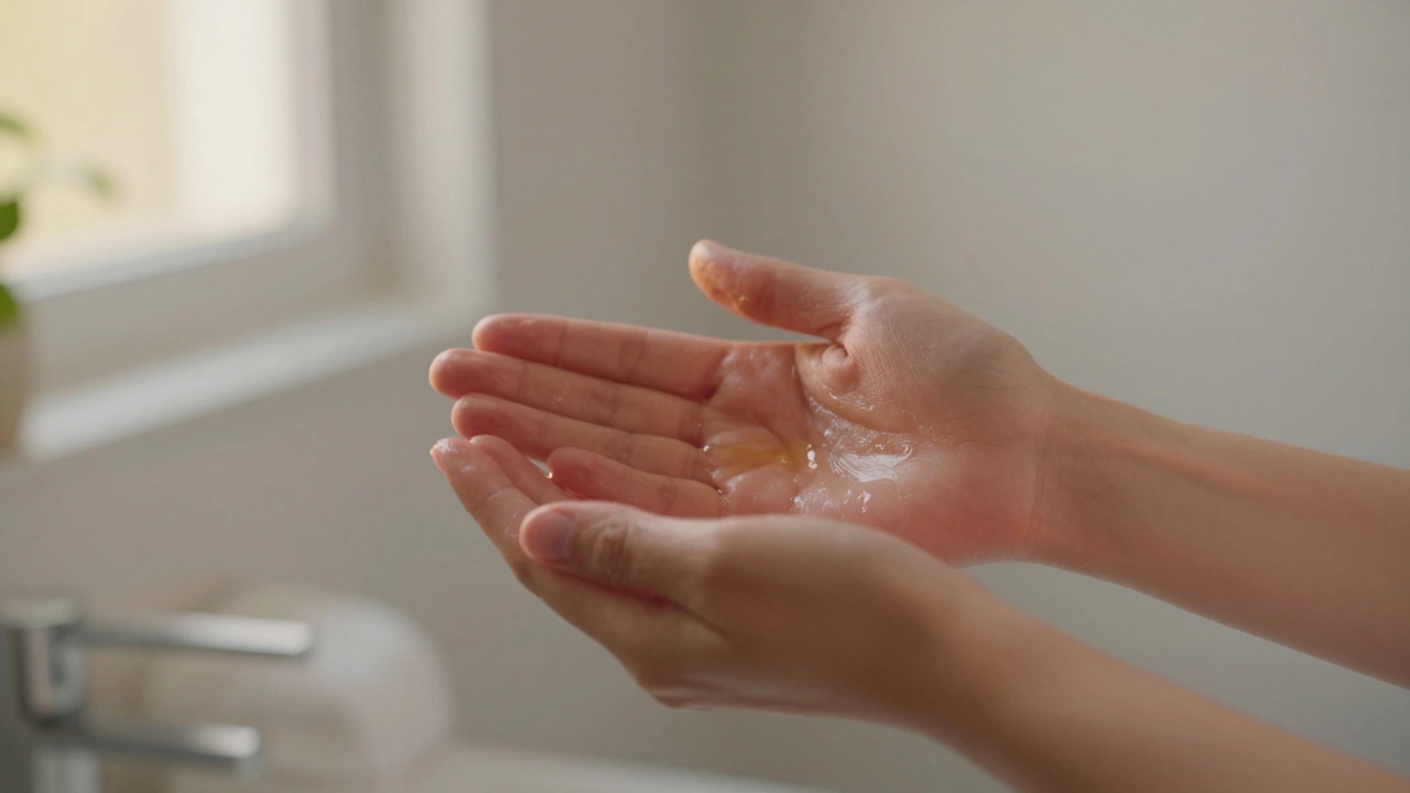 Handen die massageolie verwarmen voor zelfverzorgingsmoment