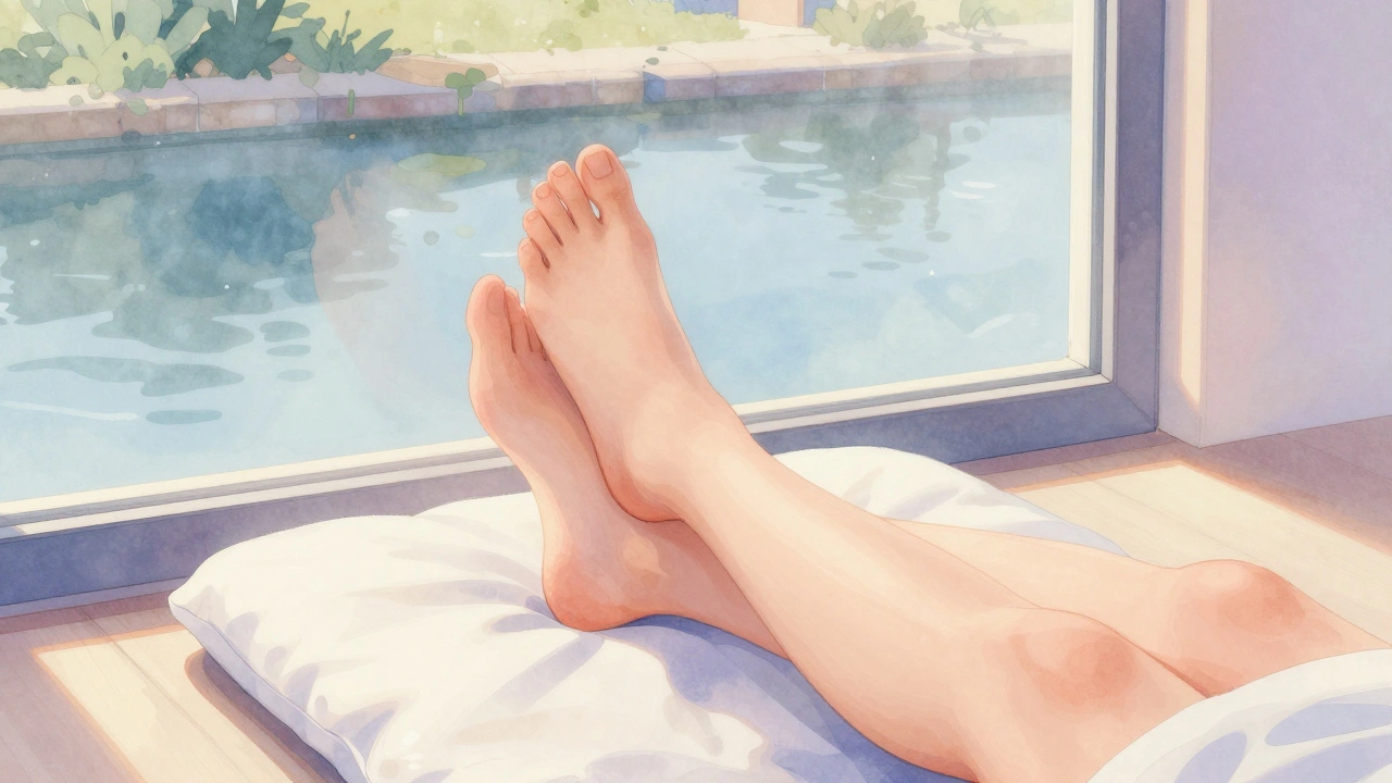 Illustratie van iemand die ontspannen zit met opgeheven voeten bij het water.