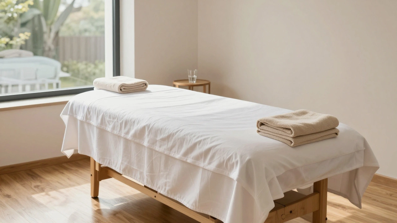 Kalme behandelkamer met witte lakens en een glas water