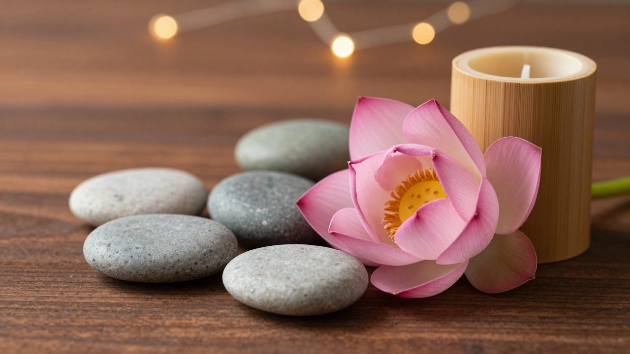 Lotusbloem en steentjes op hout voor rust en balans