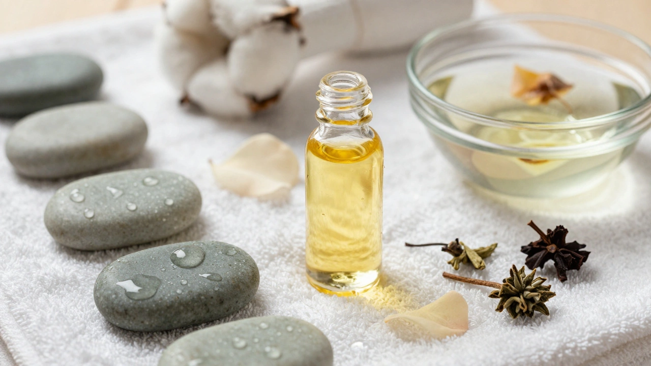 Macro-opname van spa producten zoals stenen en olie op schone linnen handdoeken.