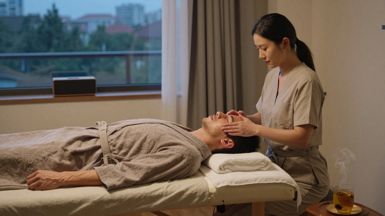 Mannen op massagetafel krijgt een hoofdmassage in een woonkamer met zachte lichtval en een kopje thee naast hem.