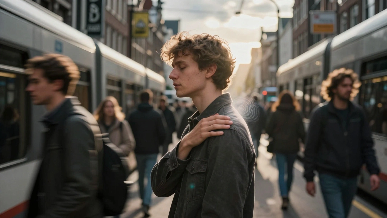 Mens ontspant zijn monnikskapspier in een drukke Amsterdamse tram.