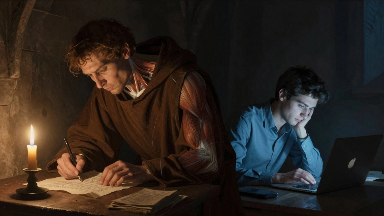 Middeleeuwse monnik en moderne werknemer met dezelfde gespannen schouders.