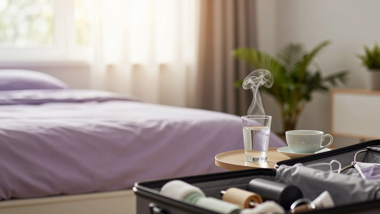 Ontspannen slaapkamer met thee klaar voor behandeling