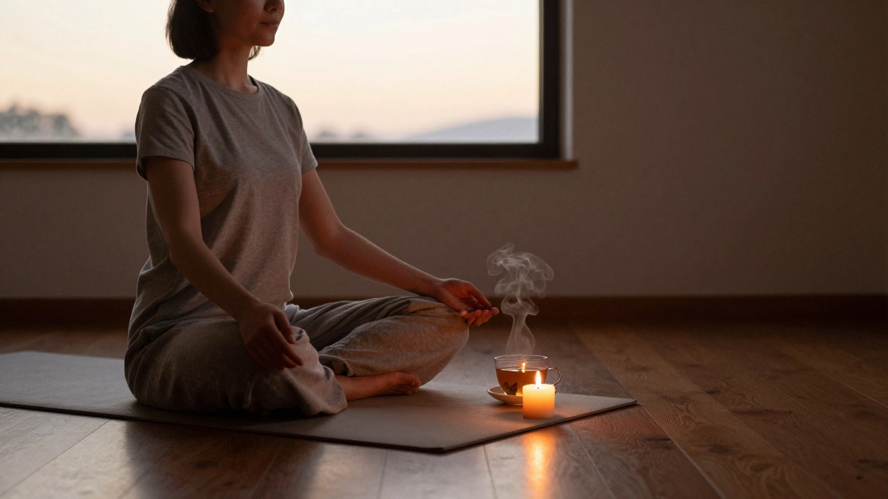 Persoon zit in meditatieve houding na een Thaise massage, met een kaars en thee naast zich, in rustige omgeving.