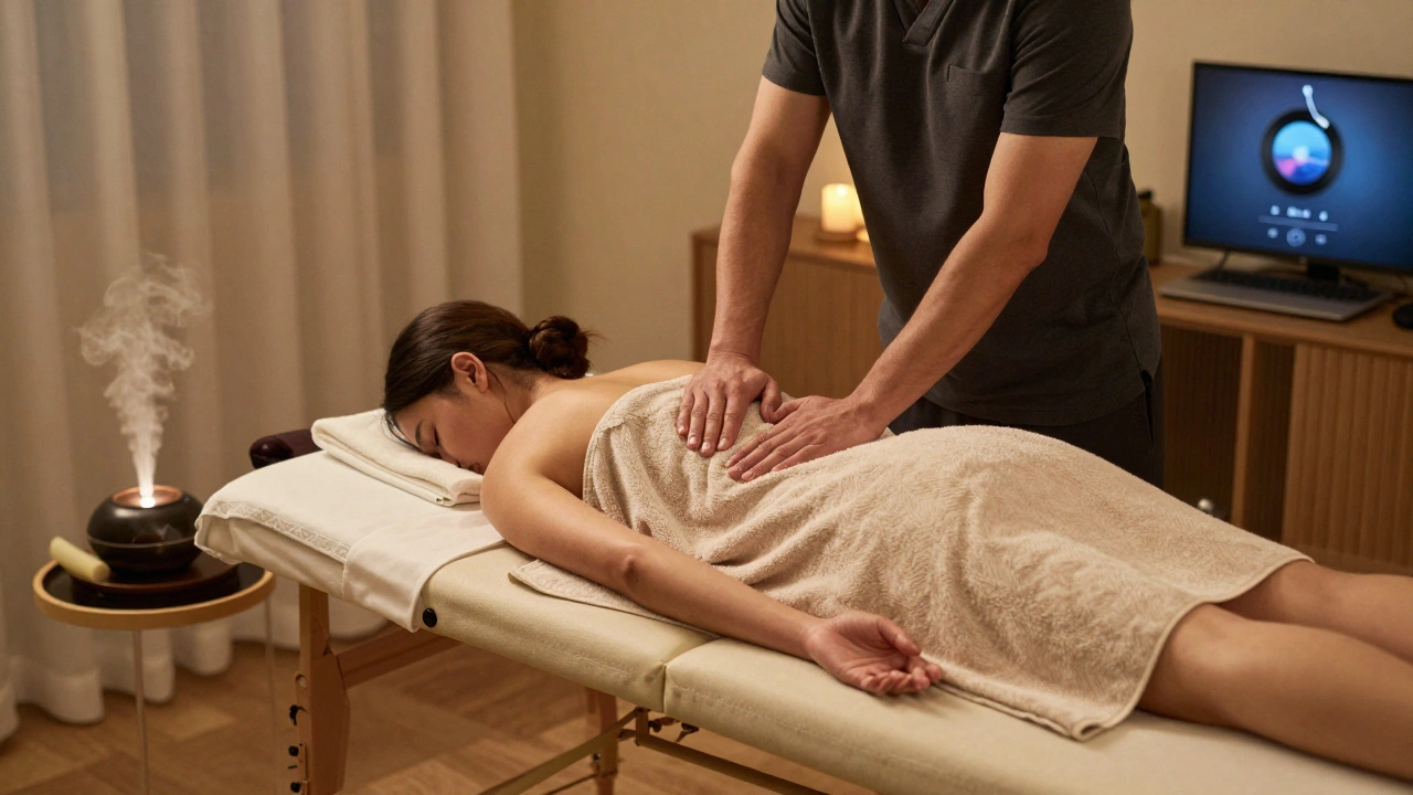 Professionele masseur geeft een ontspanningsmassage op een draagbare massagebank in de woonkamer.