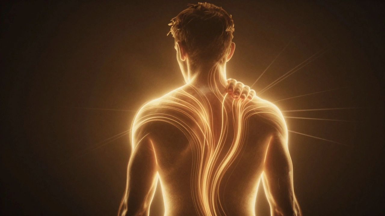 Silhouet van een mens met warme lichtstralen die spanning uit het lichaam laten verdwijnen.