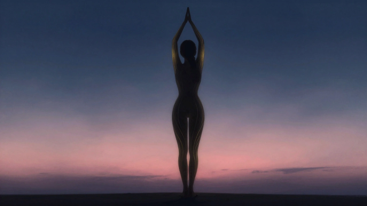 Silhouet van iemand die streekt met gouden energie lijnen