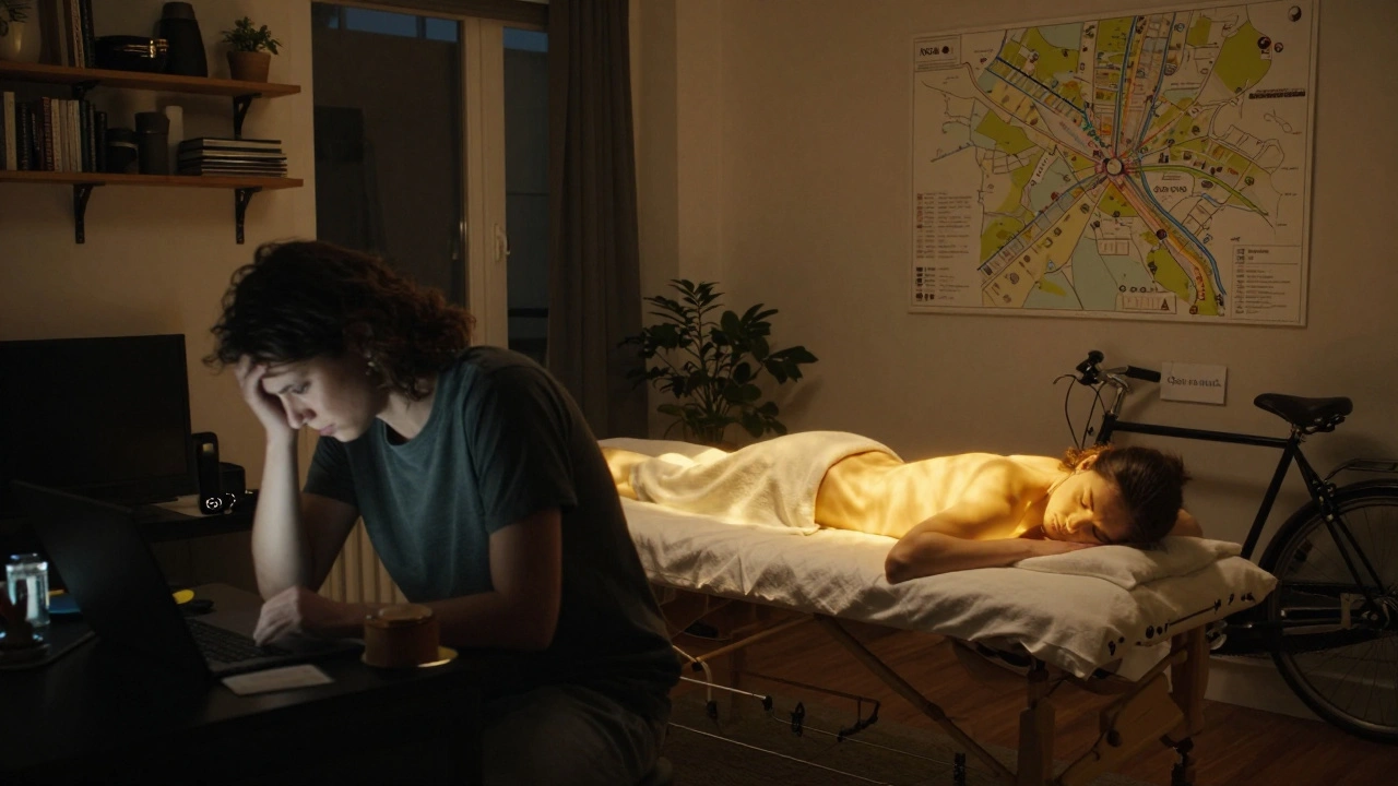 Splitbeeld: gestrest persoon links, ontspannen na massage rechts met symbolen van de buurt.