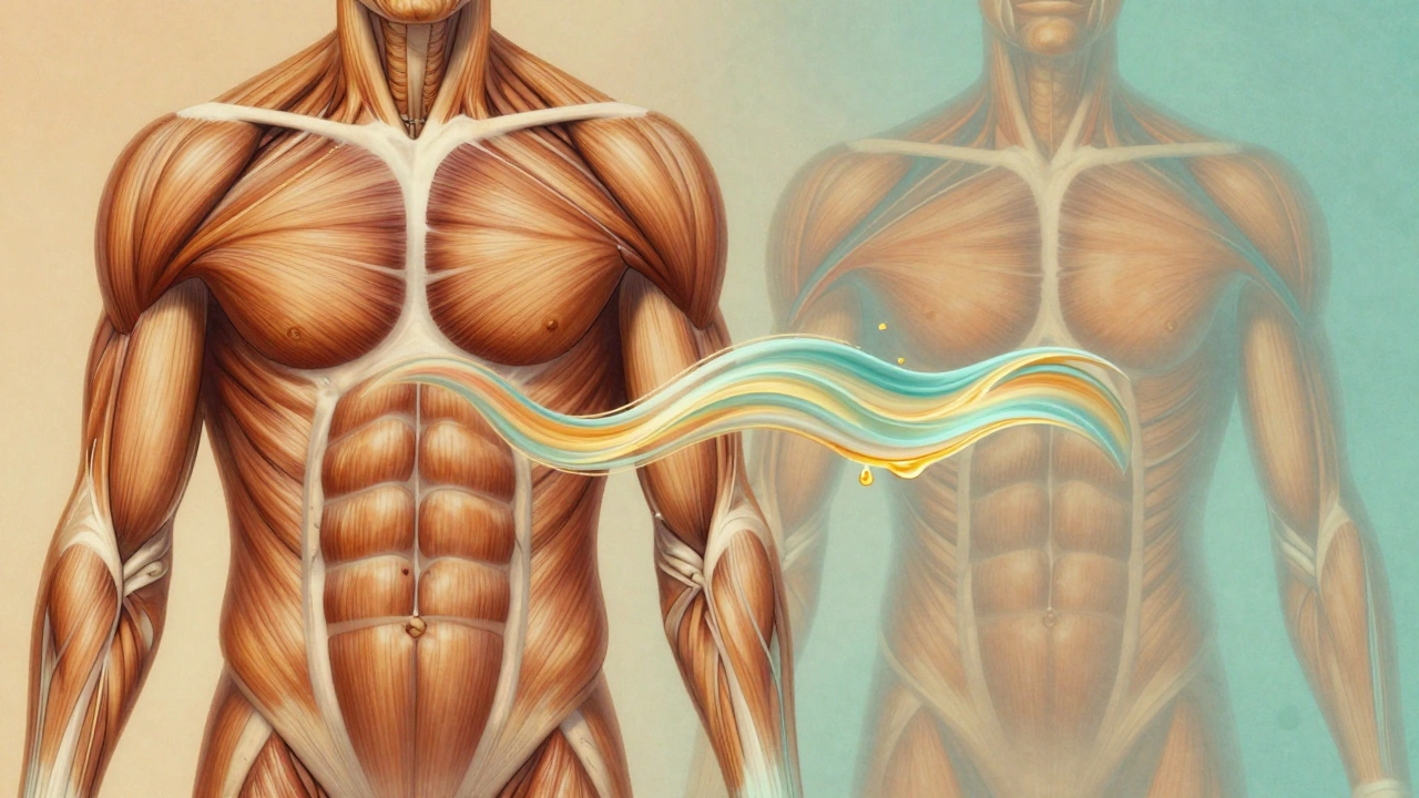 Symbolische weergave van gespannen spieren die veranderen in vloeiende energie en bloedcirculatie tijdens een massage.