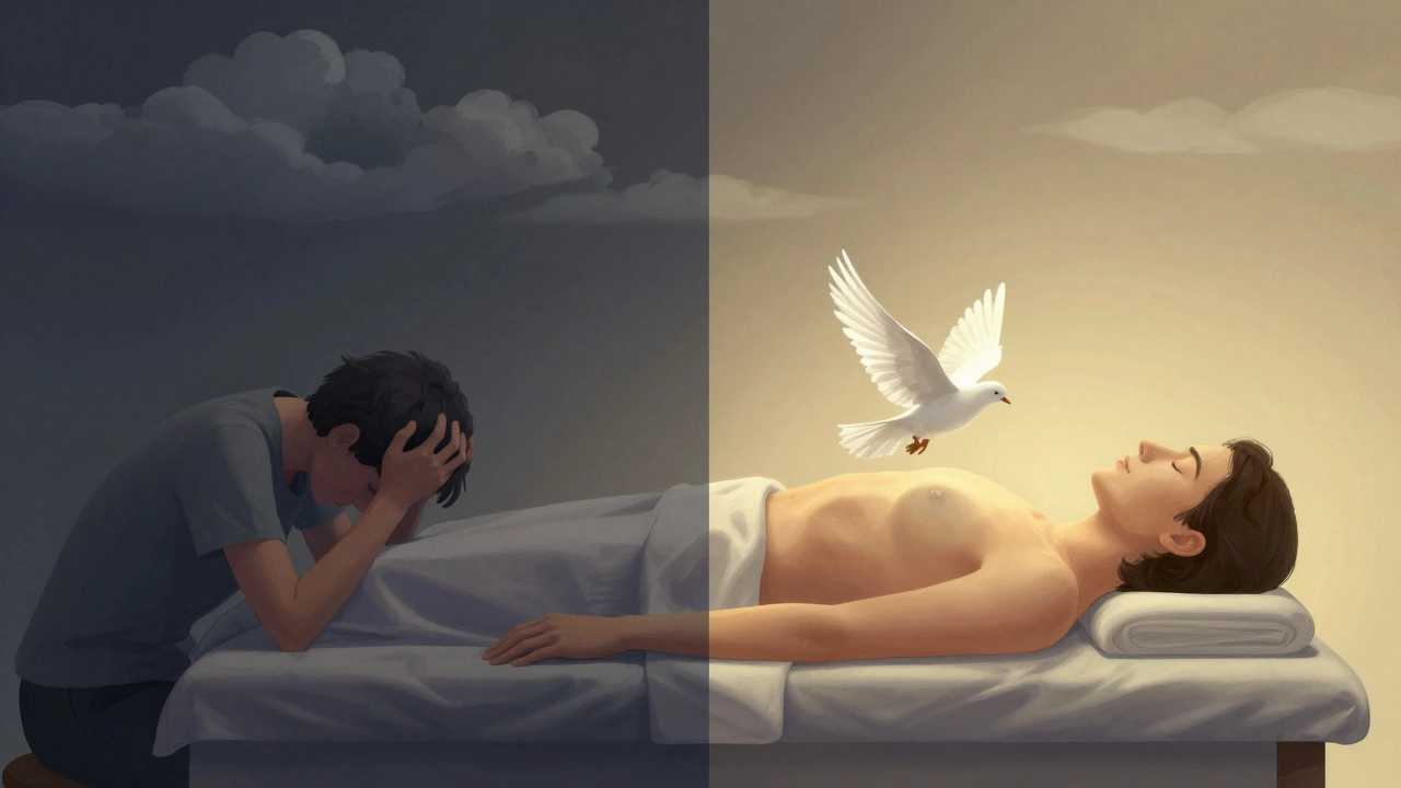 Vergelijking van gestrest persoon en ontspannen persoon, met een duif die opstijgt bij herstel.